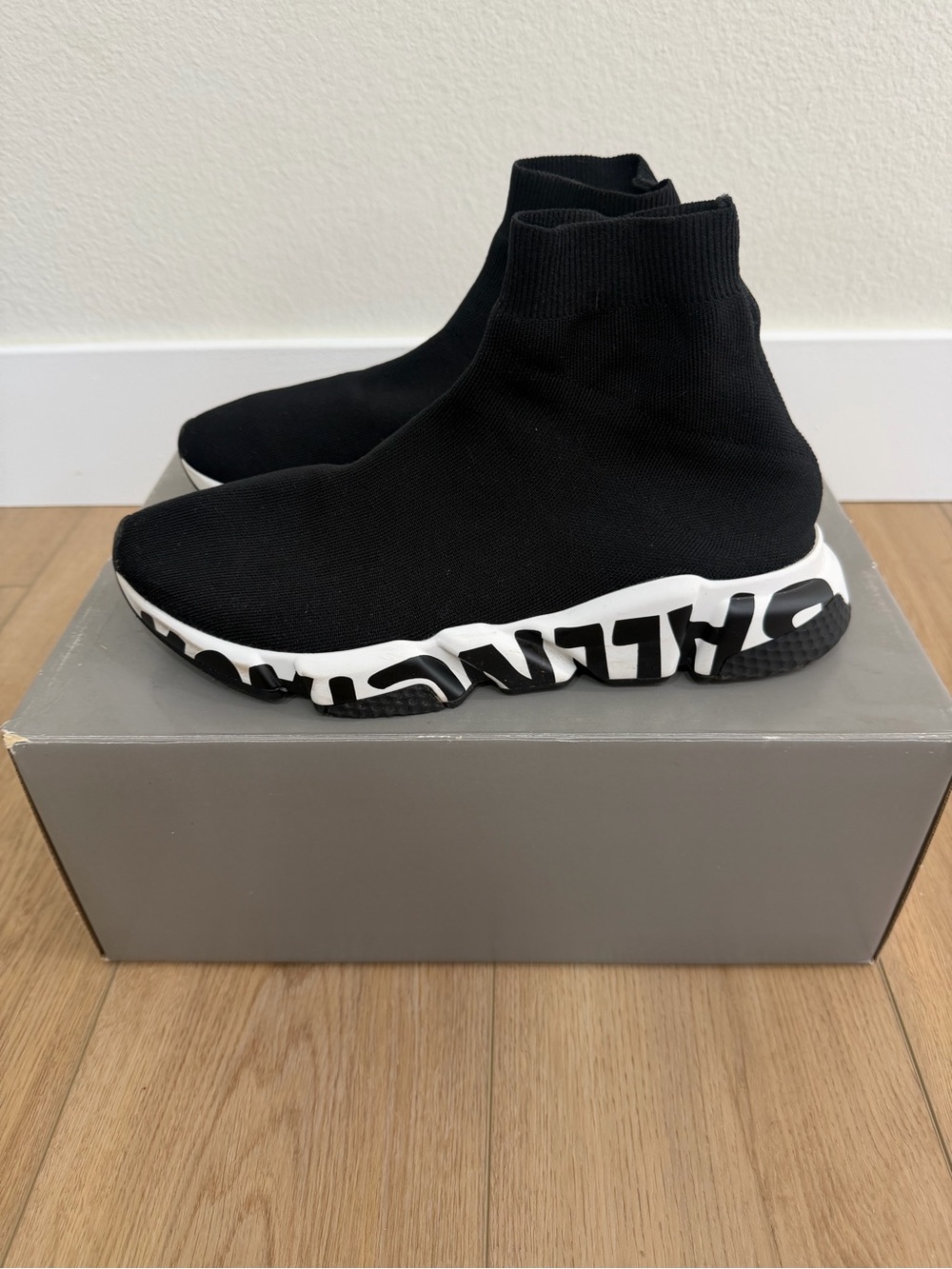 Balenciaga Black Knit High-Top Sock Sneakers with White Logo Sole - Picture 2 of 6